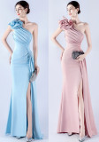 Women's Ruffled Shoulder Slash Shoulder Beaded Evening Dress