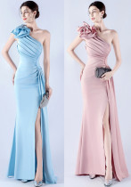 Women's Ruffled Shoulder Slash Shoulder Beaded Evening Dress Women's Ruffled Shoulder Slash Shoulder Beaded Evening Dress