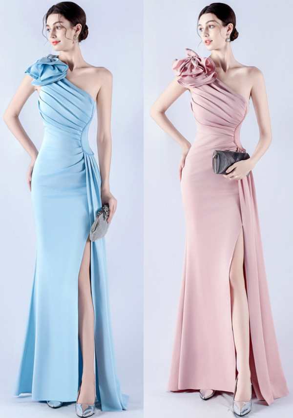 Women's Ruffled Shoulder Slash Shoulder Beaded Evening Dress