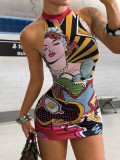 Women's American Print Halter Neck Backless Stretchy Bodycon Dress