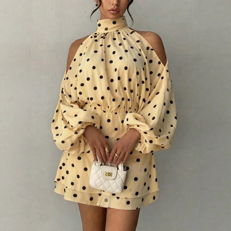 Polka Dot Lantern Sleeve Off-Shoulder Halter Neck Dress