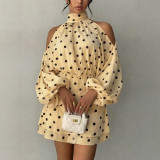 Women's French Polka Dot Lantern Sleeve Off-the-Shoulder Halter Neck Dress