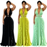 Women's Halter Neck V Neck Hollowed-out Starfish Ruffled Formal Party Maxi Dress