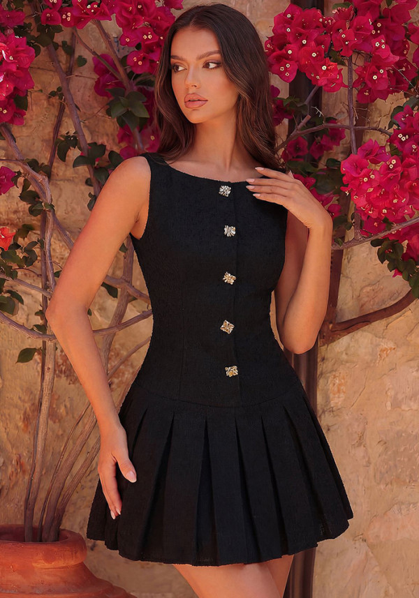 Women's Sleeveless Rhinestone Button-Up Pleated Dress