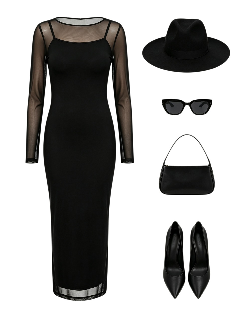 Mesh Off-Shoulder Long-Sleeve Top & Camisole Dress Set