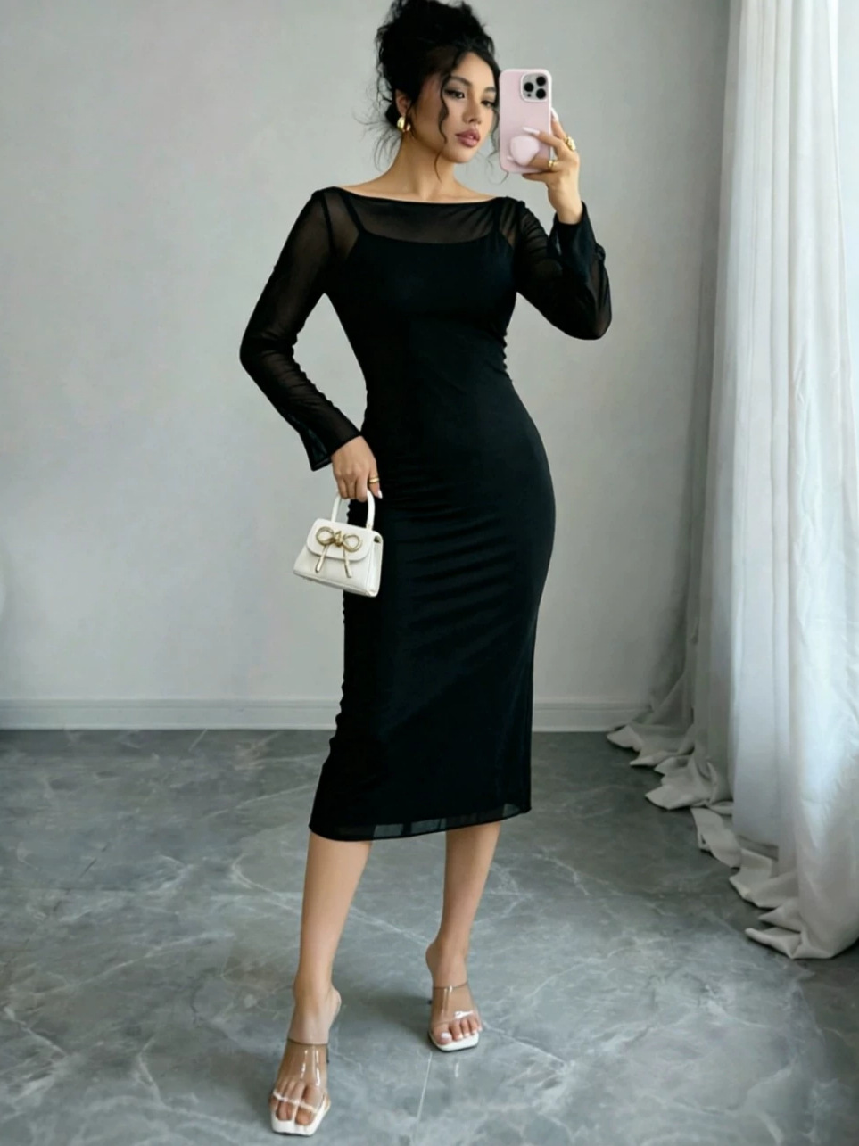 Mesh Off-Shoulder Long-Sleeve Top & Camisole Dress Set