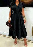Women's V-neck Button-down Puff Sleeve Maxi Dress
