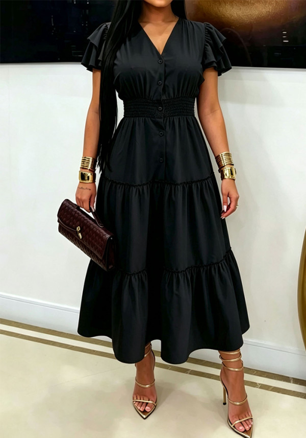 Women's V-neck Button-down Puff Sleeve Maxi Dress