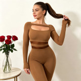 Women's Khaki Mesh Patchwork Long Sleeve Jumpsuit