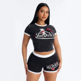 Women's Cartoon Print Crop Top + Shorts Two-Piece Set