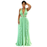 Women's Halter Neck V Neck Hollowed-out Starfish Ruffled Formal Party Maxi Dress