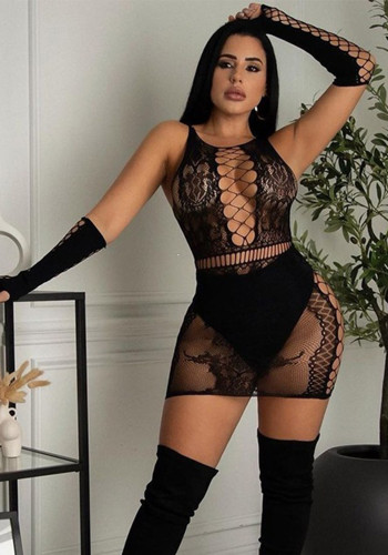 Women's sexy hollowed-out jacquard mesh bodycon dress
