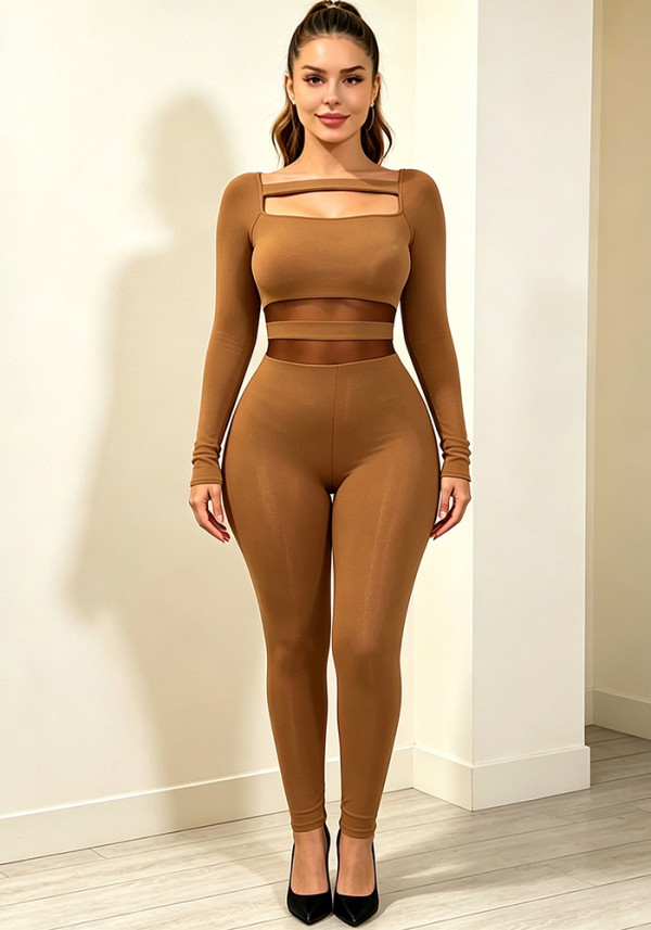 Women's Khaki Mesh Patchwork Long Sleeve Jumpsuit