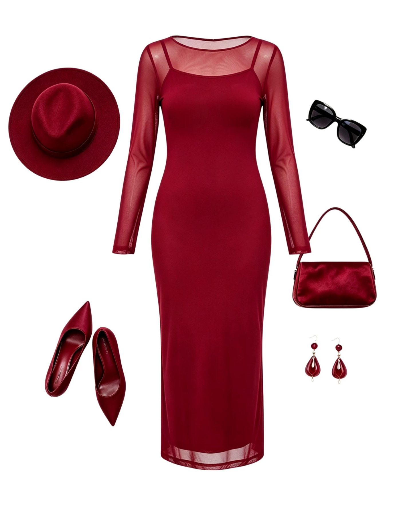 Mesh Off-Shoulder Long-Sleeve Top & Camisole Dress Set