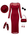 Women's Off-Shoulder Mesh Long-Sleeve Top and Camisole Dress Set
