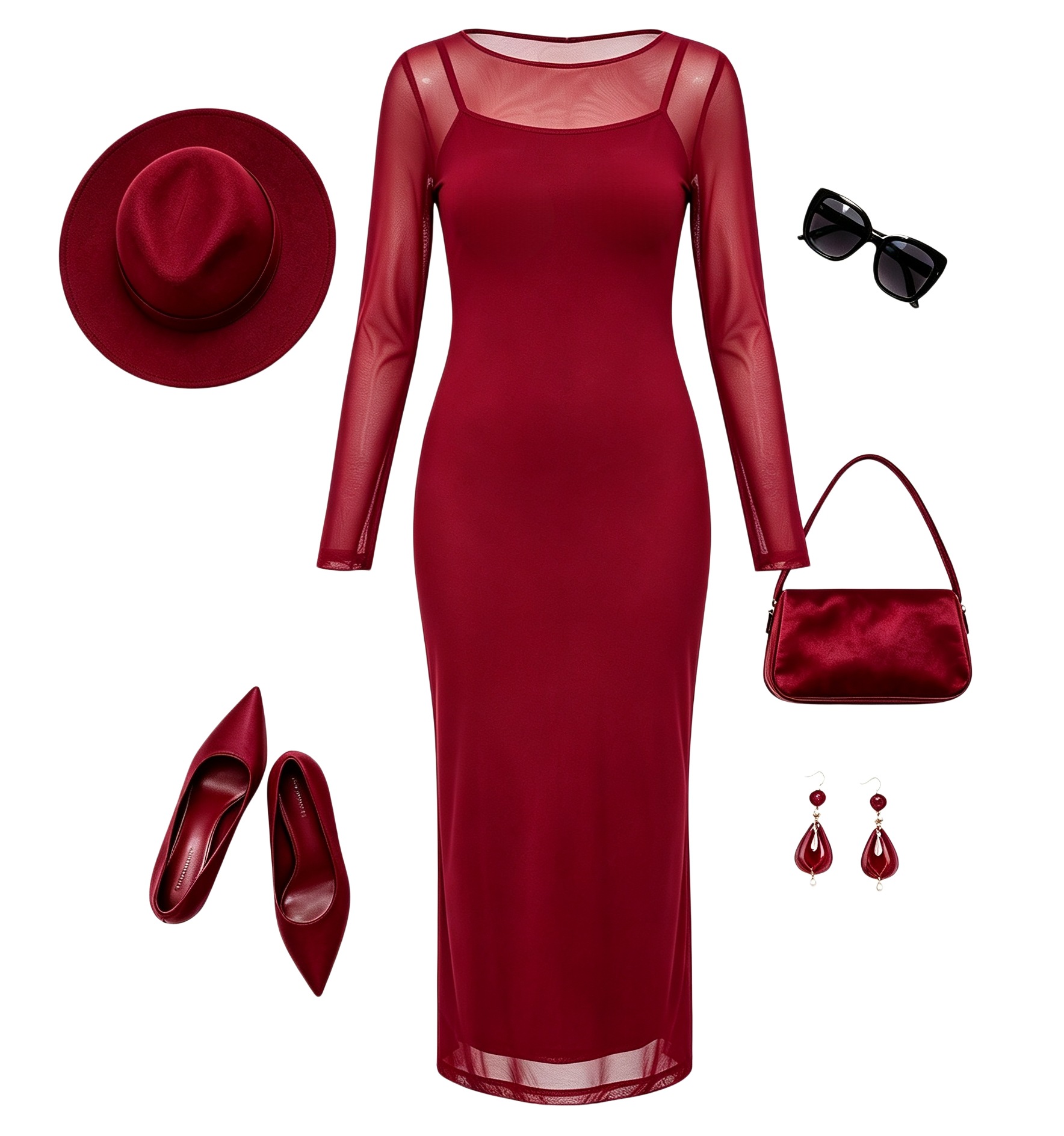 Mesh Off-Shoulder Long-Sleeve Top & Camisole Dress Set