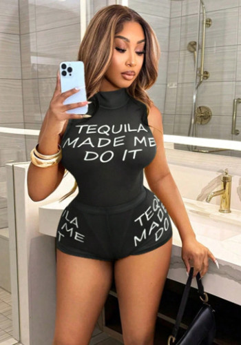 Women's Letter Print Sleeveless High Neck Stretchy Bodysuit and Shorts Two-Piece Sets