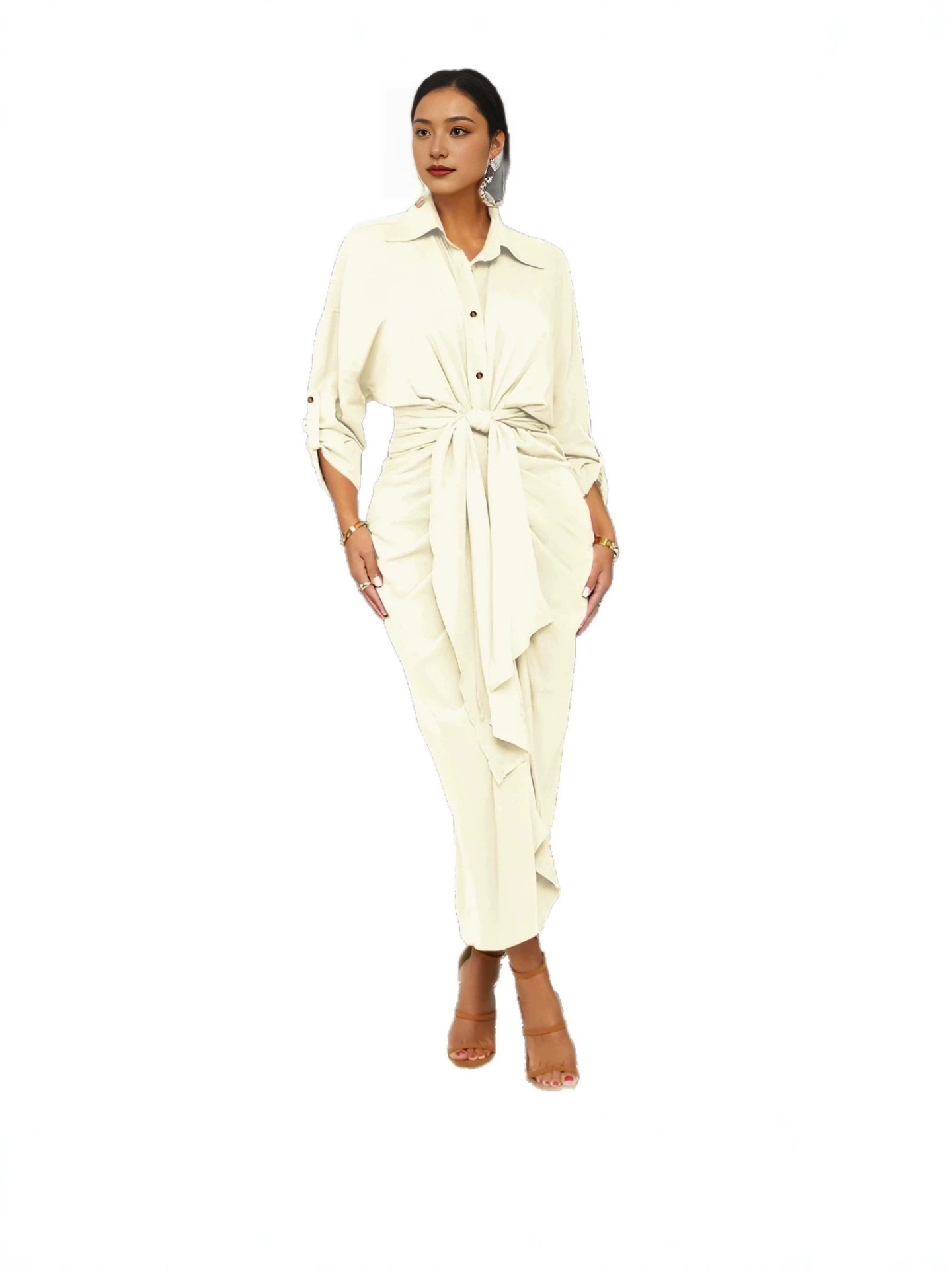 Turndown Collar Lace-Up Irregular Maxi Dress for Autumn