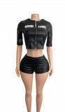 Women's PU Leather Letter Print Zipper Top + Shorts Two-Piece Set