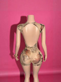 Women's Solid Backless Print See-Through Mesh Romper
