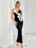 Women's Pearl Strap Color Block Floral Sexy Elegant Backless Slit Evening Dress