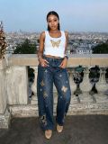 Women's Butterfly Embroidered Beaded Denim Pant