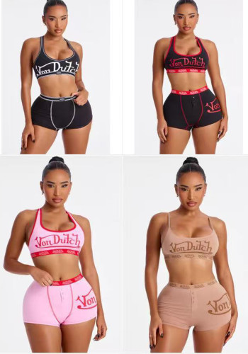 Women's Summer Color Block Letter Print Halter Neck Tank Top and Shorts Two-Piece Set