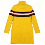 Plus Size Women's Color Block Striped High Neck Knitting Stretchy Long Sleeve Sweater