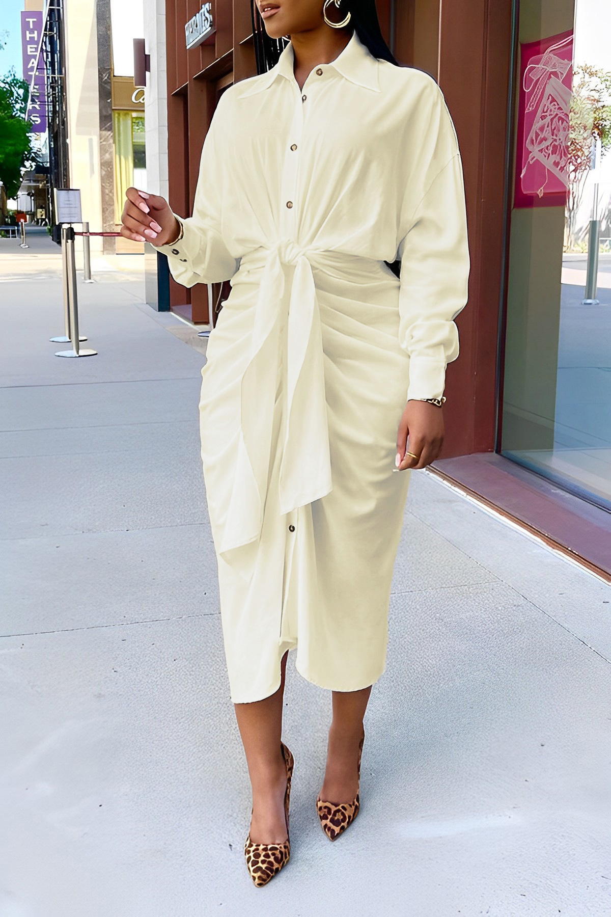 Turndown Collar Lace-Up Irregular Maxi Dress for Autumn