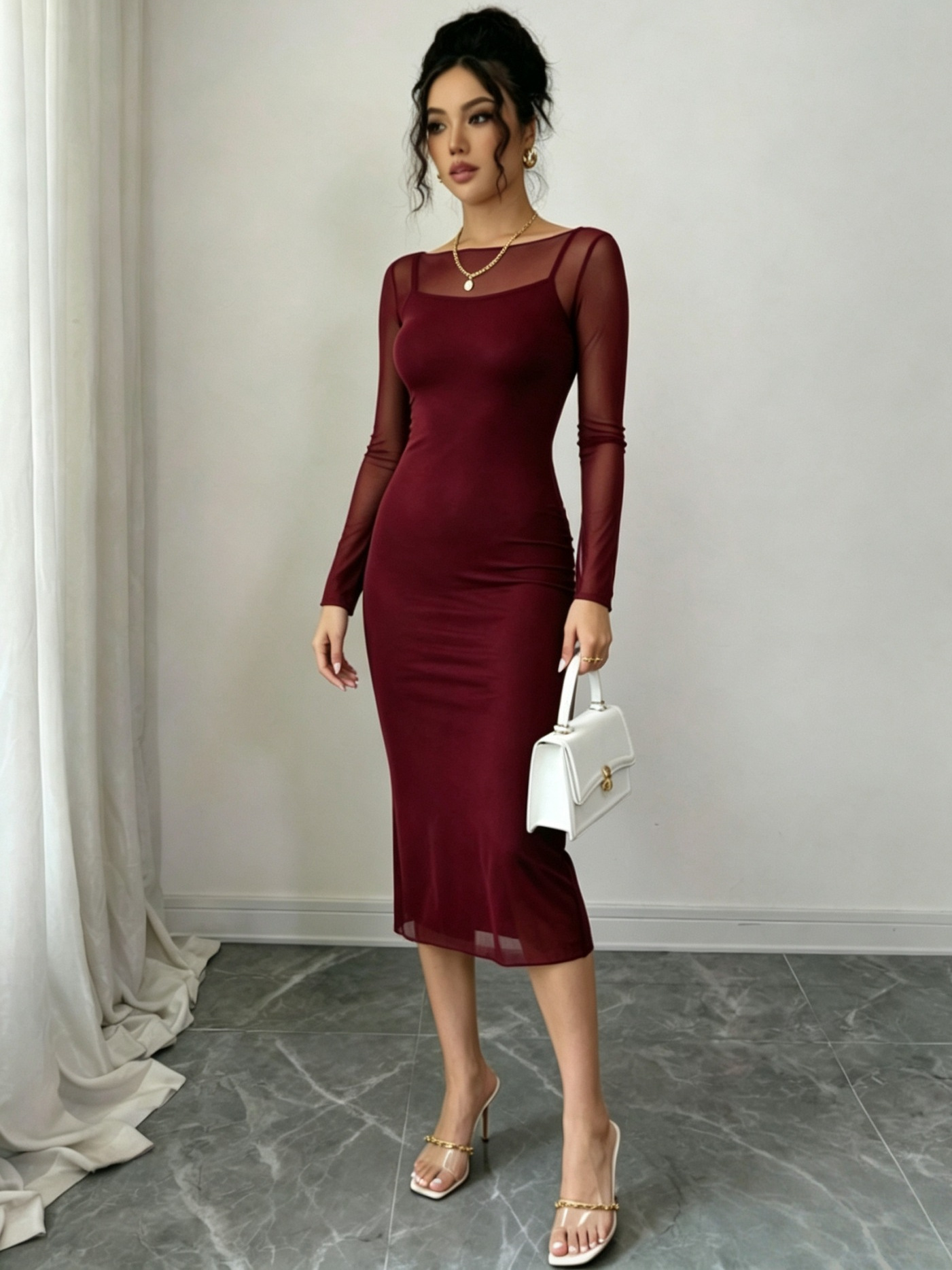 Mesh Off-Shoulder Long-Sleeve Top & Camisole Dress Set