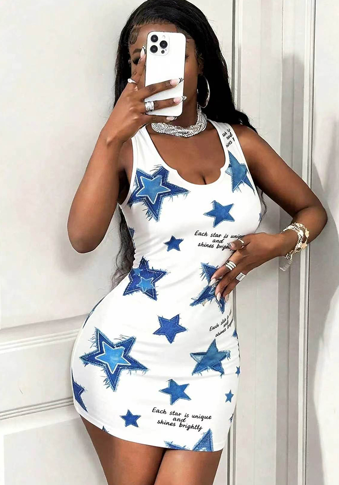Star Print Sleeveless Bodycon Dress for Casual Streetwear
