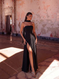 Women's Sexy Halter Neck Strapless Solid Chiffon Slit Formal Party Evening Dress