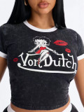 Women's Cartoon Print Crop Top + Shorts Two-Piece Set