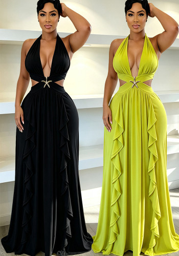 Women's Halter Neck V Neck Hollowed-out Starfish Ruffled Formal Party Maxi Dress