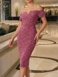 Women's Autumn/Winter Sequin Pink Zipper Off-Shoulder Velvet Formal Party Maxi Dress