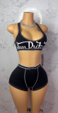 Women's Summer Color Block Letter Print Halter Neck Tank Top and Shorts Two-Piece Set