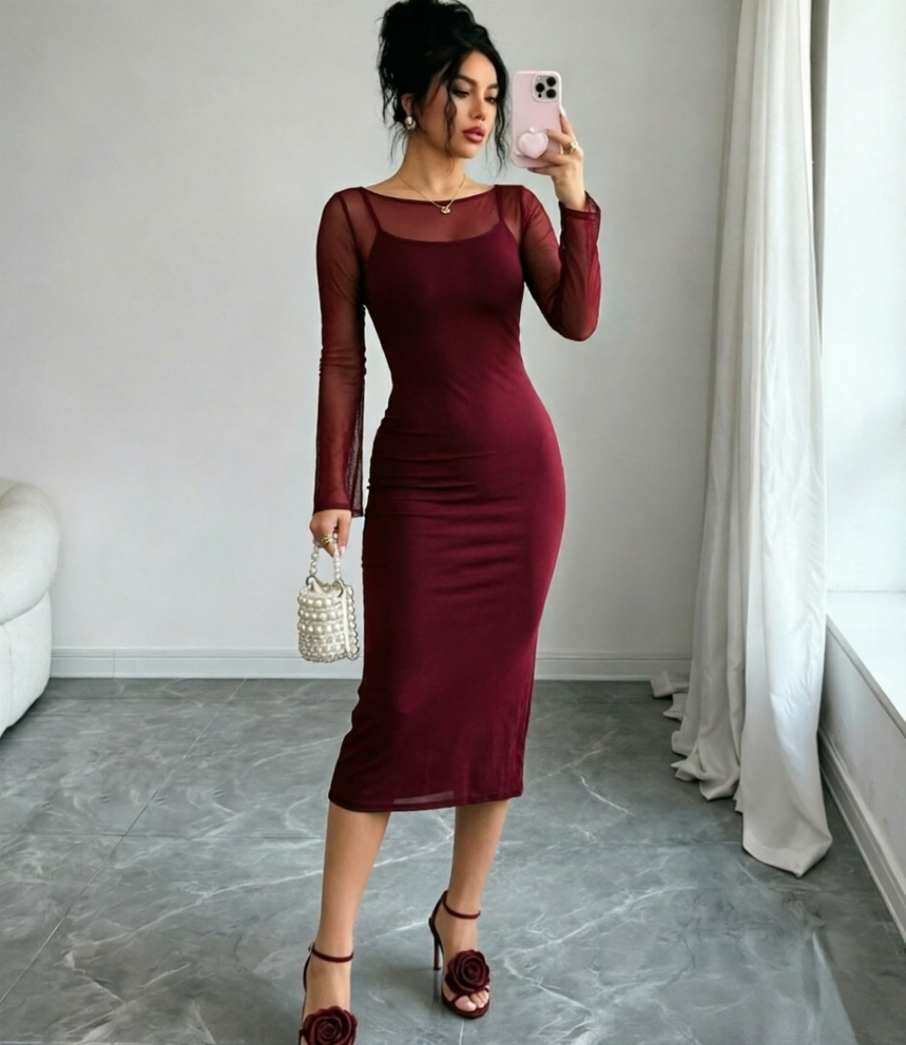Mesh Off-Shoulder Long-Sleeve Top & Camisole Dress Set