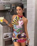 Women's American Print Halter Neck Backless Stretchy Bodycon Dress