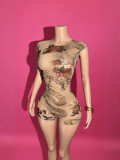 Women's Solid Backless Print See-Through Mesh Romper