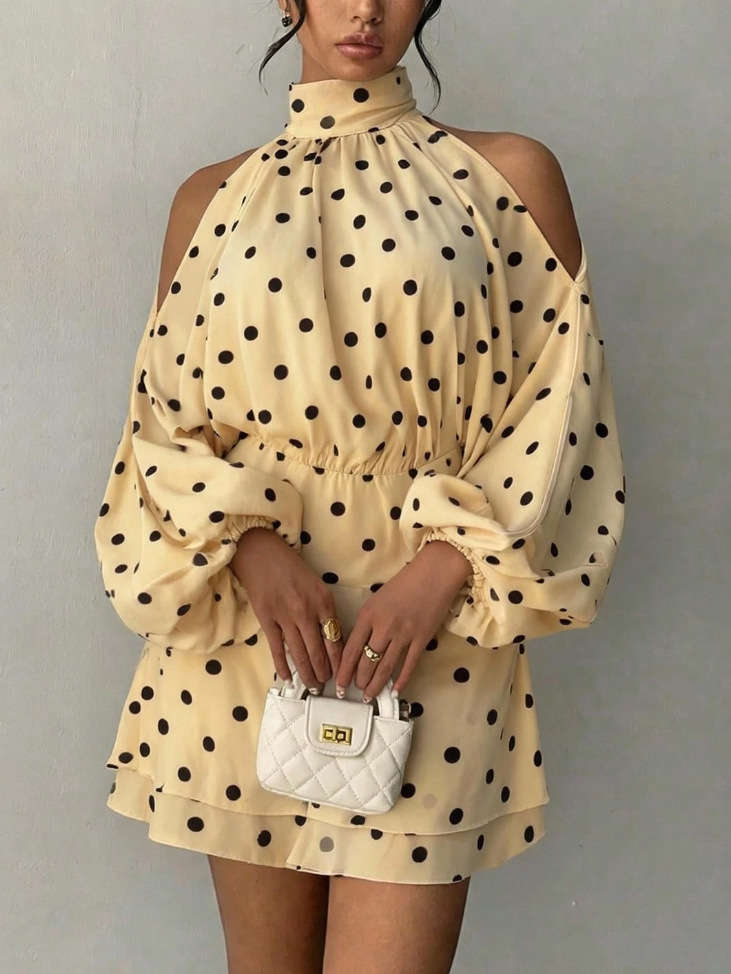 Polka Dot Lantern Sleeve Off-Shoulder Halter Neck Dress