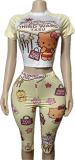 Women's Cartoon Print Casual Summer Short-Sleeve Top and Shorts Two-Piece Set
