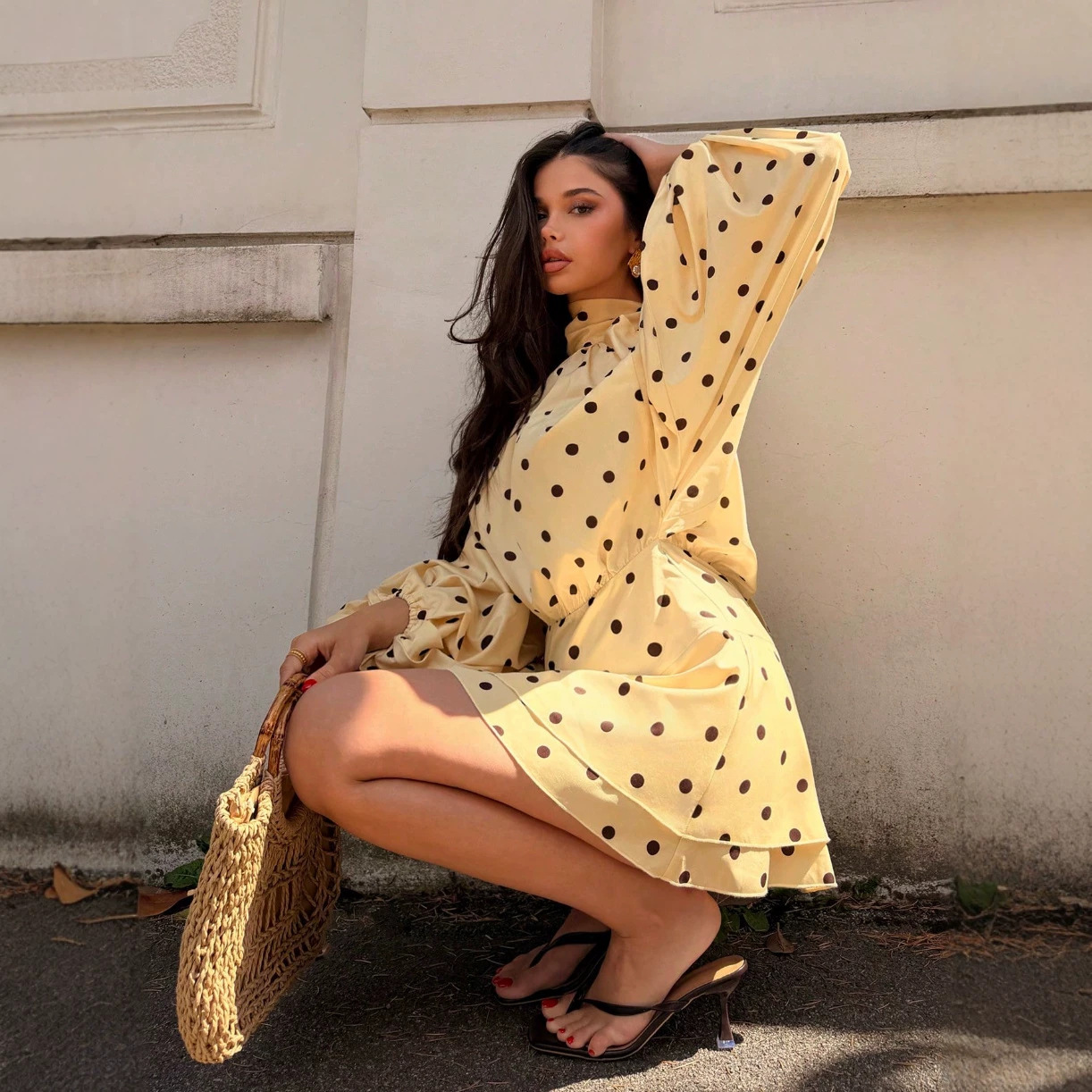 Polka Dot Lantern Sleeve Off-Shoulder Halter Neck Dress