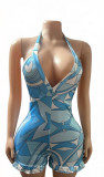 Women's Halter Neck V-Neck Summer Print Backless Bodycon Jumpsuit