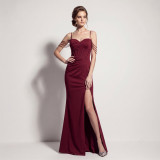 Women's Camisole Beaded Herringbone Pleated Slit Formal Party Evening Dress