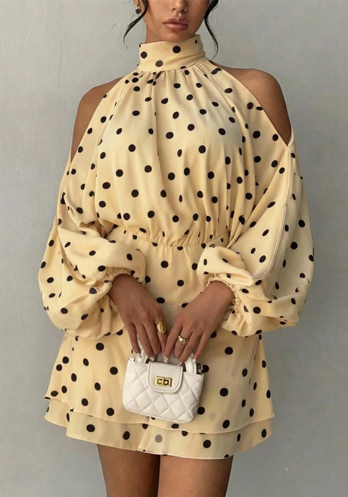Polka Dot Lantern Sleeve Off-Shoulder Halter Neck Dress