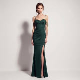 Women's Camisole Beaded Herringbone Pleated Slit Formal Party Evening Dress