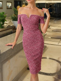 Women's Autumn/Winter Sequin Pink Zipper Off-Shoulder Velvet Formal Party Maxi Dress