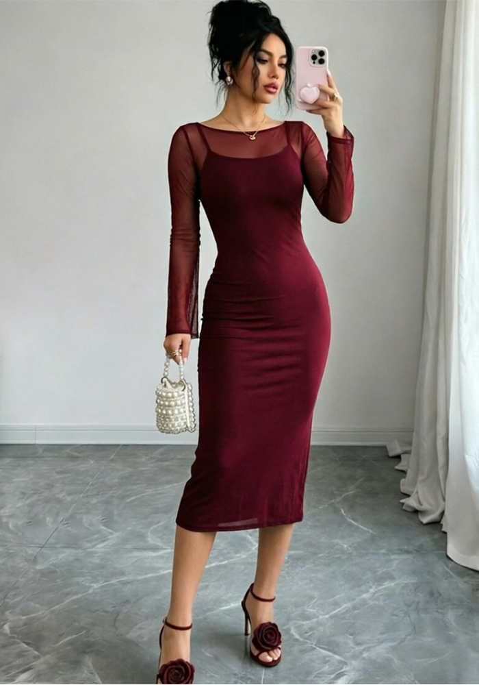 Mesh Off-Shoulder Long-Sleeve Top & Camisole Dress Set
