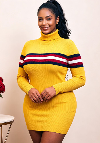 Plus Size Women's Color Block Striped High Neck Knitting Stretchy Long Sleeve Sweater