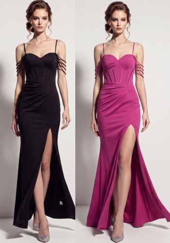 Women's Camisole Beaded Herringbone Pleated Slit Formal Party Evening Dress